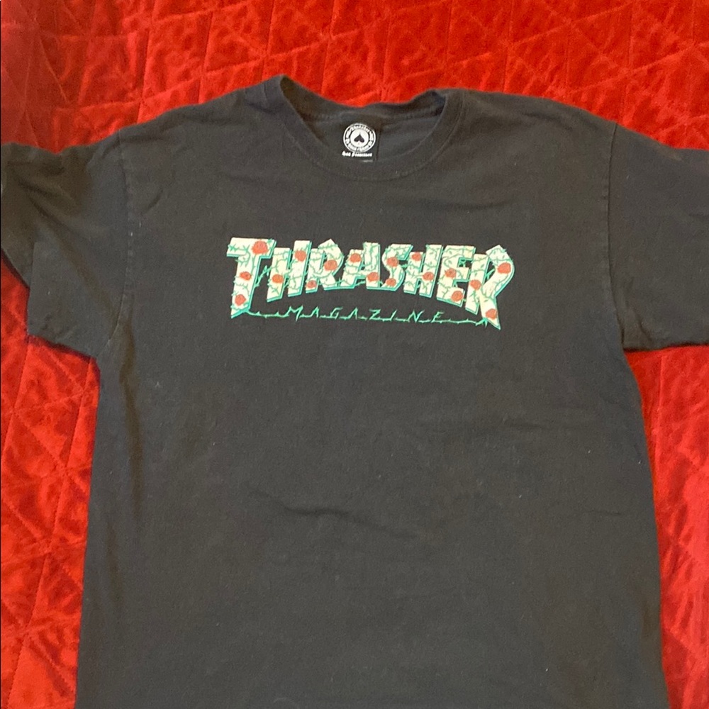 Thrasher Black Tee with Red and Green Logo